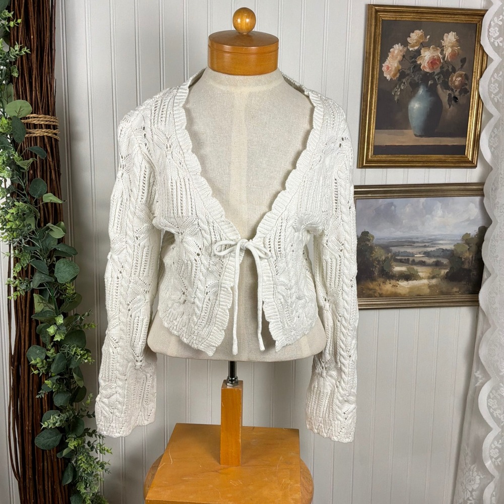 Moon & Madison L Ivory Open Knit Tie Front Cropped Cardigan Coquette